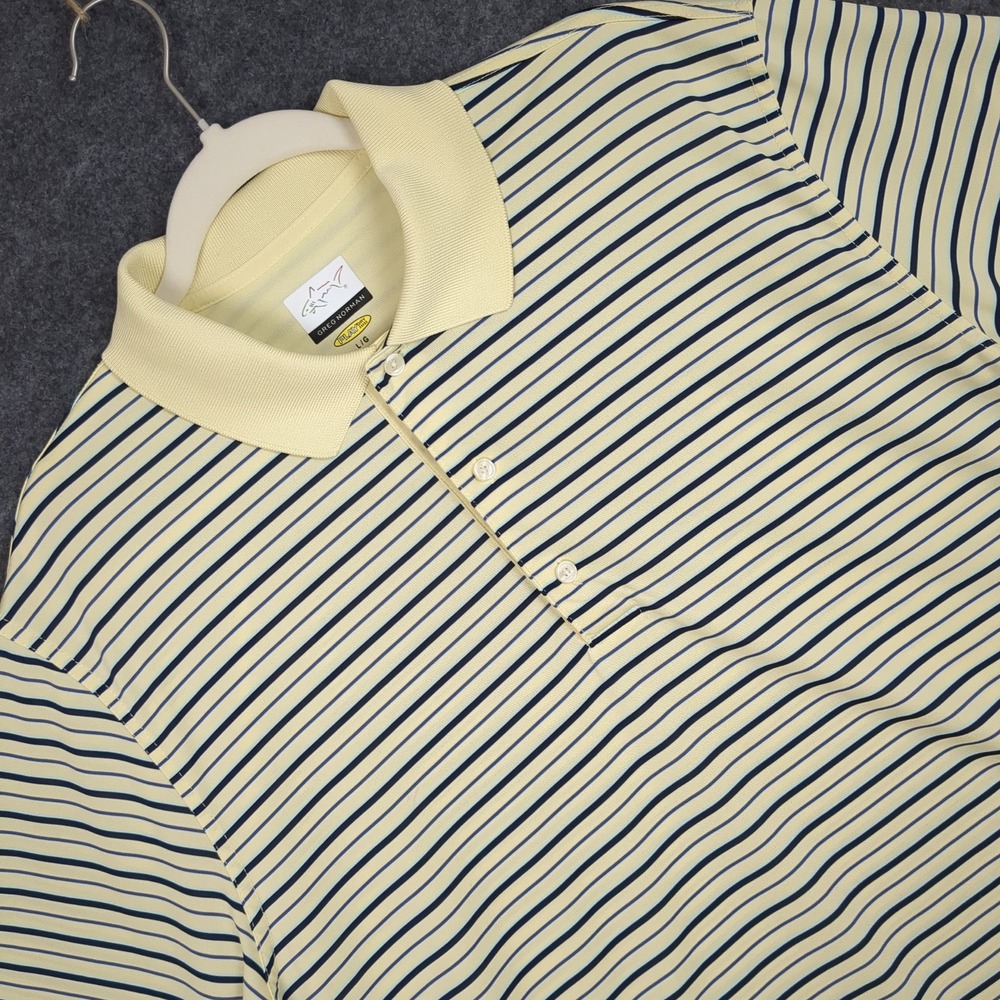 Greg Norman PLAY DRY Mens Polo Shirt Striped Yellow Blue Black Short Sleeve L - Picture 1 of 11